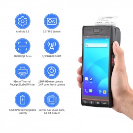 Handheld POS Receipt Printer Android 9.0 PDA Terminal 1D/2D/QR Barcode Scanner Support Global Position System 4G WiFi BT Communication with 5.5 Inch Touchscreen Label Printing for Supermarket Restaurant Warehouse Retail Inventory Logistics